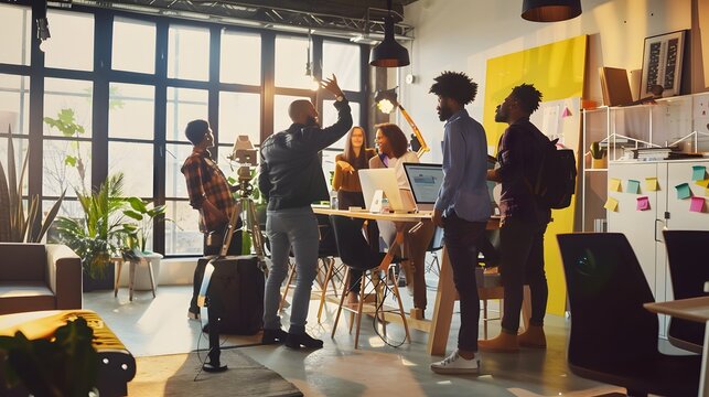 Diverse team collaborating in a modern, open office space with natural light and vibrant decor, brainstorming new ideas around a central table.