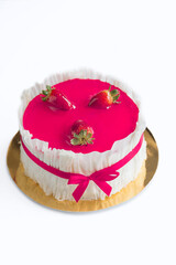 Strawberry cake on white background , selective focus.