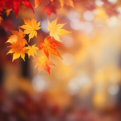 Fototapeta premium Autumn background with blurred autumn leaves and copy space. Generative AI.