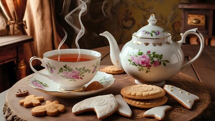 Fototapeta premium A warm and cozy scene of a wooden table adorned with a beautiful teapot, a steaming cup of tea, and a plate of delicious cookies.