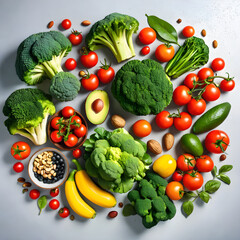 Healthy Kitchen Background: Clean Space with a Variety of Vegetables, Avocado, Mushrooms, and tomatoes