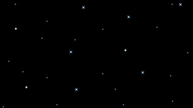 Pixel art starry sky background. Animated backdrop of black night with shiny stars. Retro video game style outer space looping animation.