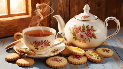A warm and cozy scene of a wooden table adorned with a beautiful teapot, a steaming cup of tea, and a plate of delicious cookies.