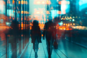Blurred night-time photo of two silhouetted figures walking in a city, with colorful reflections on...