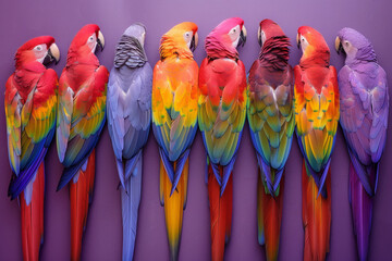 Obraz premium Colorful Parrots Aligned Against a Purple Background. A vibrant lineup of colorful parrots standing against a purple background, showcasing their diverse and vivid plumage