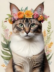 Balinese-Javanese Cat with Flower Crown Generative AI Illustration 