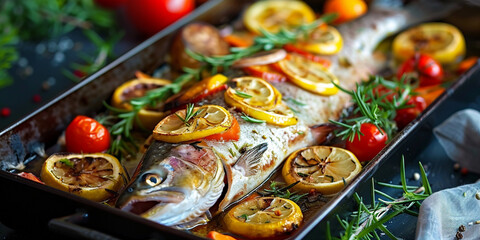 Pan Filled With Fish Dorado and Vegetables