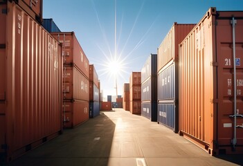 Fototapeta premium A cargo ship containers at the port, sunset view.