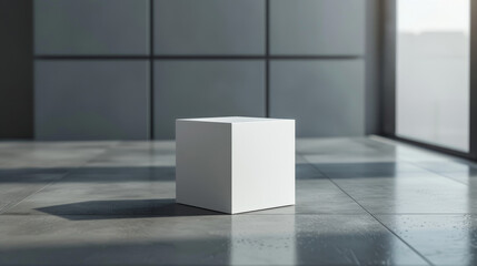 A white box is sitting on a grey floor