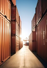 A cargo ship containers at the port, sunset view.