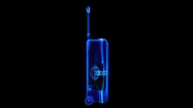 Abstract video with suitcase with wheels. Low poly glowing mesh with dots, lines, stars and flying particles. Travel, recreation, business or family trip concept