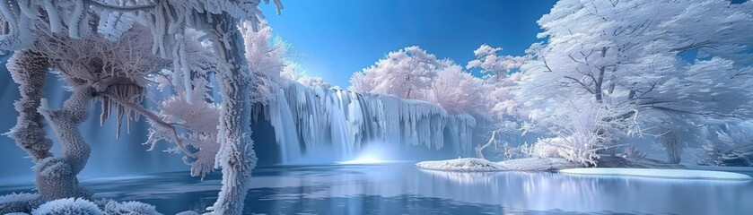 Breathtaking winter landscape featuring a frozen waterfall surrounded by snow-covered trees under a clear blue sky, capturing serene natural beauty.