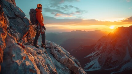 A lone mountaineer observes the expansive alpine vista at sunset, reflecting on the solitude and grandeur of nature