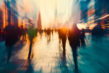 Blurred photo of people walking in a city square at sunset, capturing the motion and energy of the...