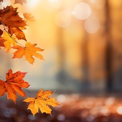 Fototapeta premium Autumn background with blurred autumn leaves and copy space. Generative AI.