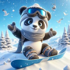 Panda auf einem Snowboard