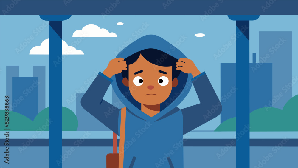 Poster a student pulling their hood up over their head trying to hide their nervous expression from others 