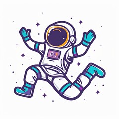 A cartoon astronaut is jumping in the air with a camera in his hand