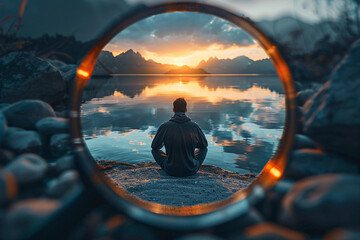 Buddhism concept Generative AI picture with people doing yoga in nature feel connection with buddha