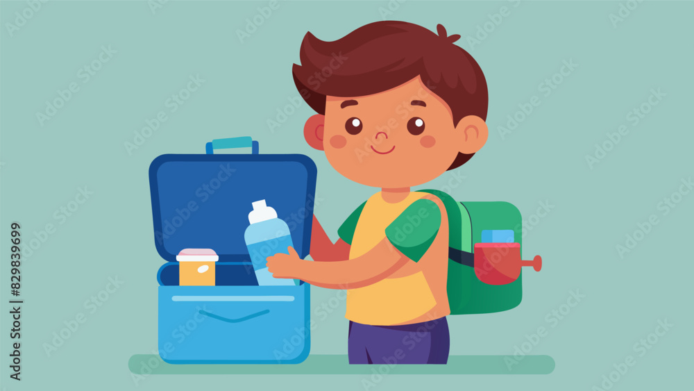 Poster methodically zippering each compartment closed the child secures their lunchbox and water bottle in 