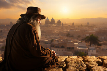 Fototapeta premium Christian illustration generative AI of man in the streets of Jerusalem