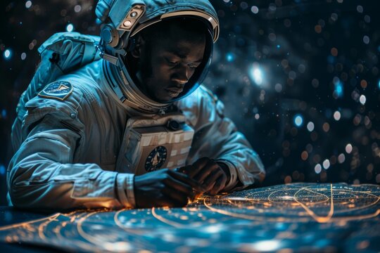 A Black male astronaut in a space suit is seated at a table - Powered by Adobe