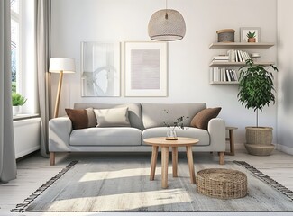 Cozy living room interior with grey sofas, a wooden coffee table and floor lamp near the window with white walls and a light wood shelf