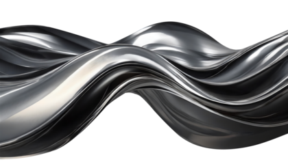 Abstract fluid metal bent form. Metallic shiny curved wave in motion. Cut out design element steel texture effect.