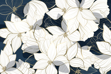 lily flower line art pattern frame background vector. Natural botanical elegant flower with gold line art. Design illustration for decoration, wall decor, wallpaper, cover, banner, poster, card.