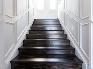 dark wood staircase in luxury home with white walls and dark hardwood floors stock photo, high quality