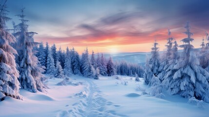 Beautiful winter landscape with snow covered trees and mountains at sunset. Generative AI.