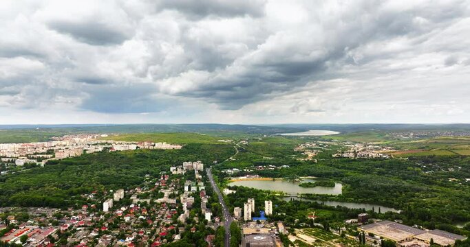 Aerial drone view of Pelinia, Drochia, Moldova with a cloudy sky