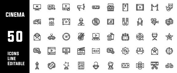 50 Cinema Icons Set Line Editable Vector Illustration