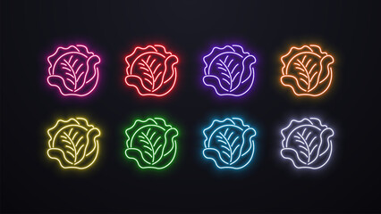 Neon cabbage icons in different colors on a dark background.