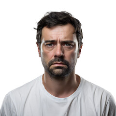 Obraz premium Portrait of a worried man in a white t-shirt on on Transparent Background