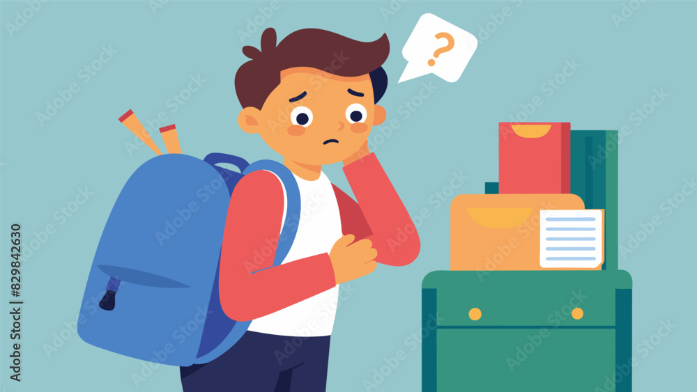 Poster a student frantically doublechecking their backpack afraid they may have forgotten soing important f
