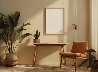 Design an interior design photo mockup of a modern room with a retro wooden table, brown chair and plants in a beige wall background