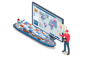 Isometirc Ship delivery, sea logistics. Warehouse, cargo, courier. Sea freight, ship. Cargo containers with Import and Export Logistics. Online Cargo Tracking
