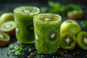 Apple Kiwi Smoothie - Light green with apple and kiwi slices.