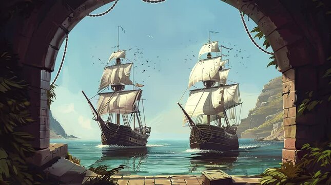 Two historic galleon ships sailing on the ocean, viewed from a scenic balcony
 Seamless looping 4k time-lapse virtual video animation background. Generated AI