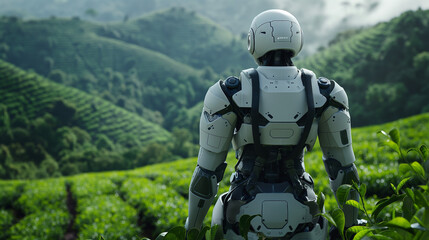 A white humanoid robot with black eyes and no hair, wearing an advanced combat suit, standing in the middle of green tea fields surrounded by dense forests