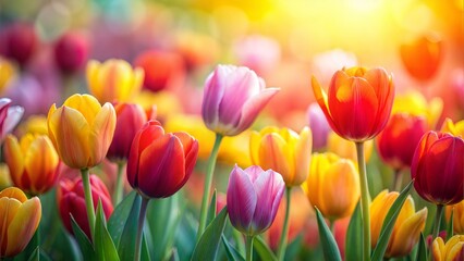 Tulip Garden Blur: A colorful blurred background featuring red, yellow, and pink tulip shapes, perfect for spring themes.

