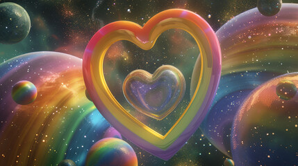 Surreal planets in a galaxy of Pride colors, with a central planet shaped like a rainbow heart, imaginative and otherworldly.