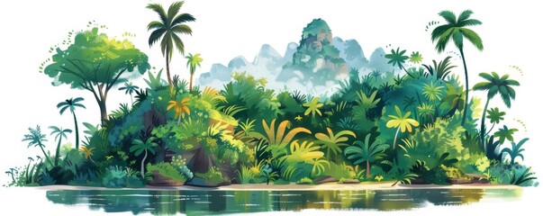 Forested island flat design high angle jungle theme cartoon drawing Analogous Color Scheme
