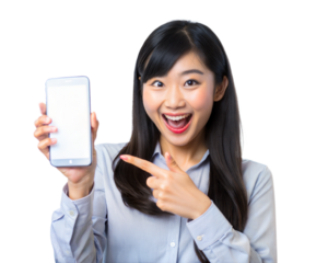 Woman in business attire, smiling and pointing at a blank smartphone screen with excitement