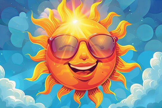A smiling sun wearing sunglasses shines brightly in a colorful sky with clouds