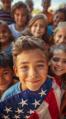 Fototapeta premium Portrait of children holding the US flag outdoors.