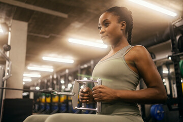 A strong black sportswoman doing workouts for backs on seated cable machine at gym.