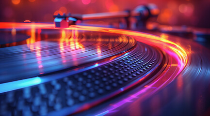 Close-up of Vinyl Turntable with Colorful Lights