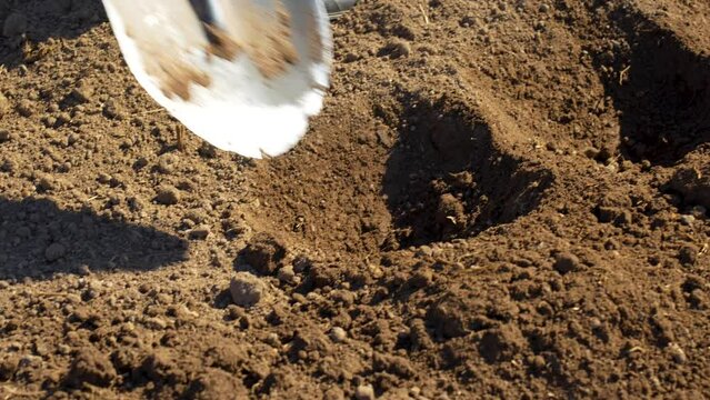 Digging the ground with a shovel in garden, close up.